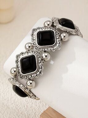 Silver-Tone Black Stone Square Stretch Bracelet - Women Jewelry